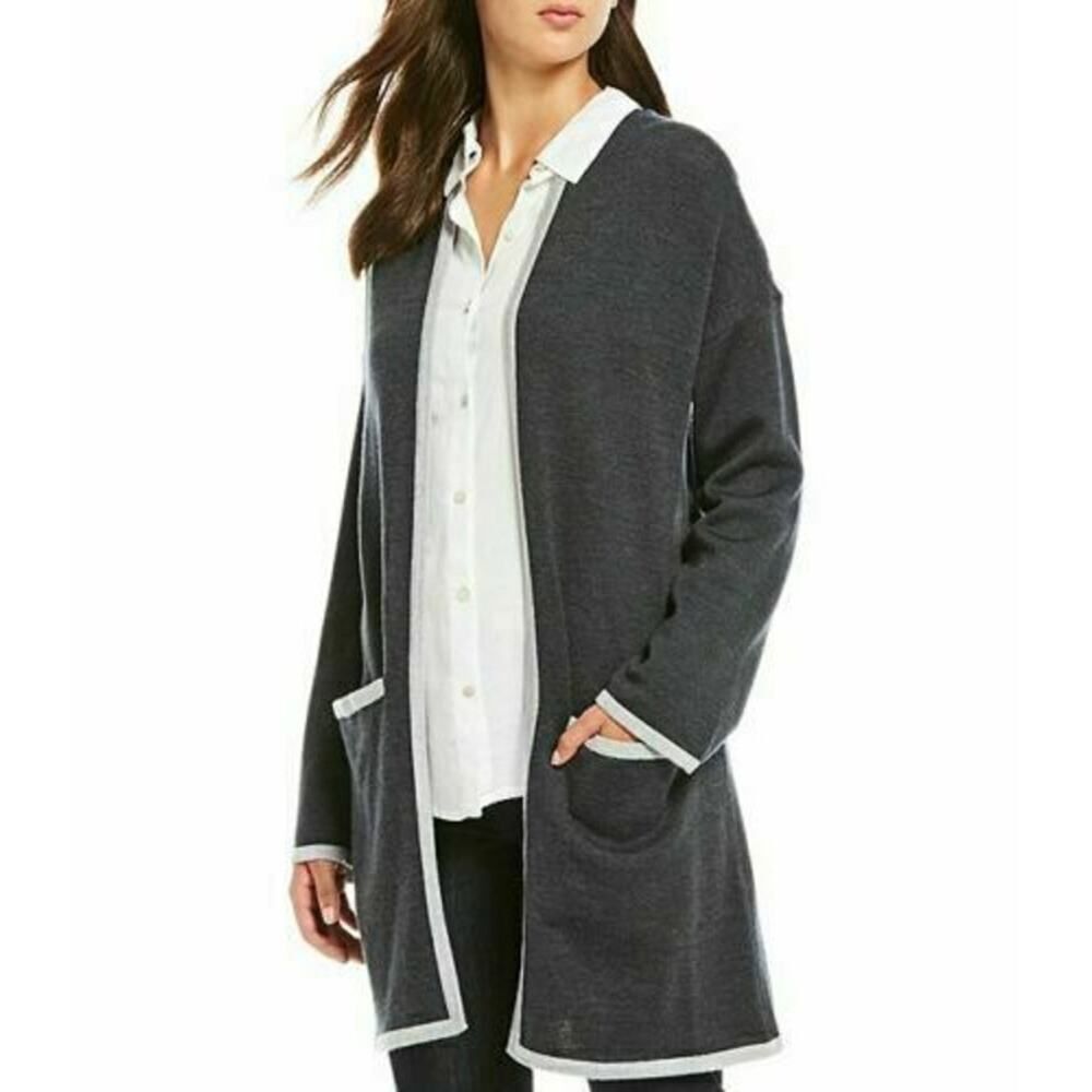 Eileen Fisher Merino Wool Jersey Edged Long Sleeve Cardigan Open Front Topper
